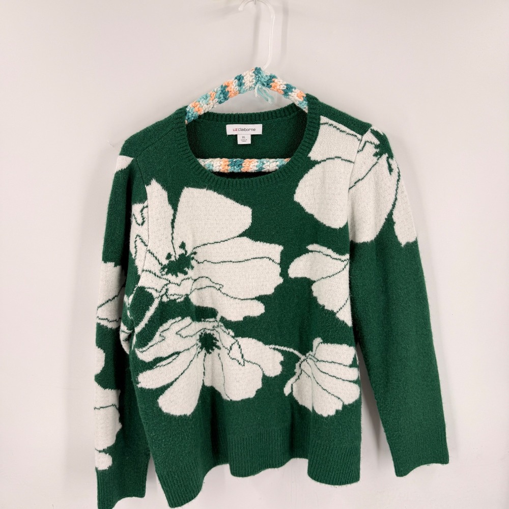 Liz Claiborne Sweater Green XL Floral Knit Long Sleeve Soft Pullover Botanical